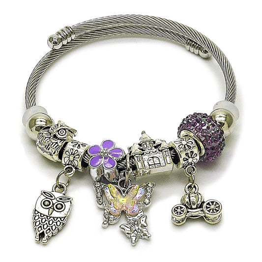 Stainless Steel Individual Bangle, Butterfly and Owl Design, with Crystal and Violet Crystal, Purple Enamel Finish, Rhodium Finish