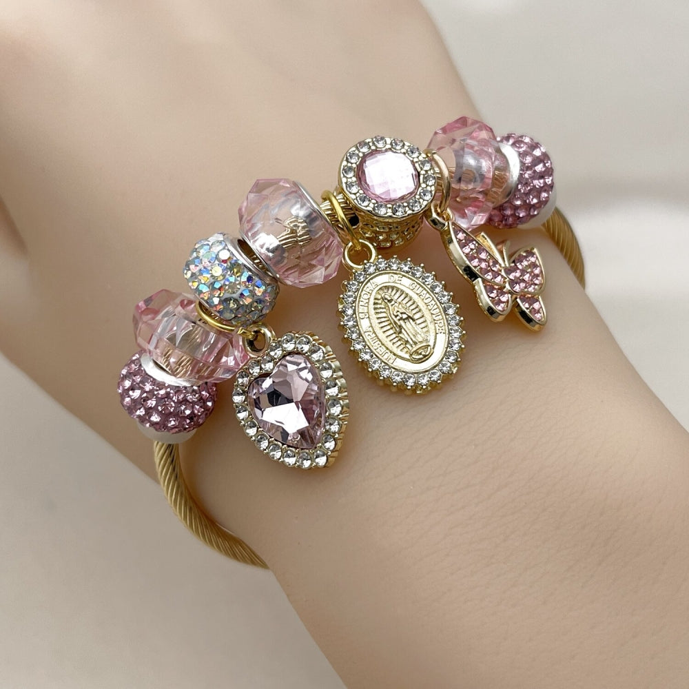 Stainless Steel Individual Bangle, Guadalupe and Heart Design, with Light Rose and Crystal Crystal, Polished, Golden Finish