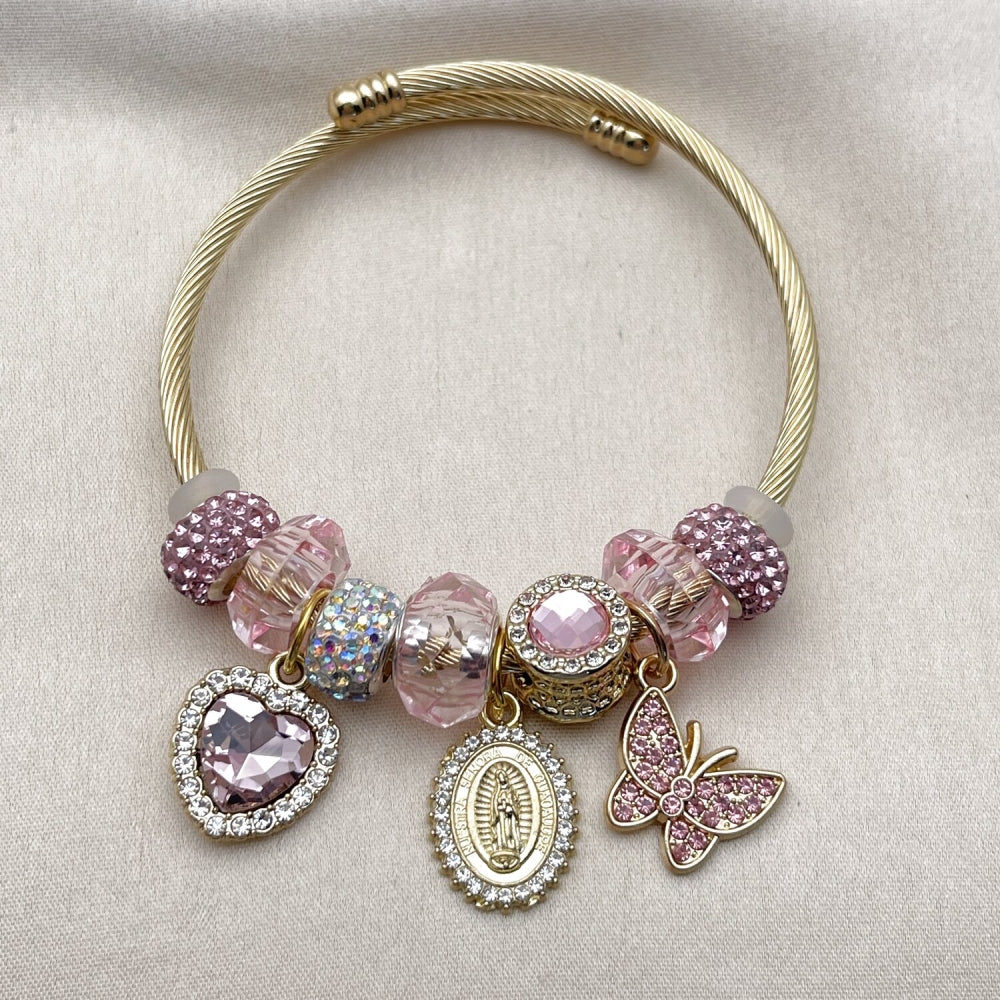 Stainless Steel Individual Bangle, Guadalupe and Heart Design, with Light Rose and Crystal Crystal, Polished, Golden Finish