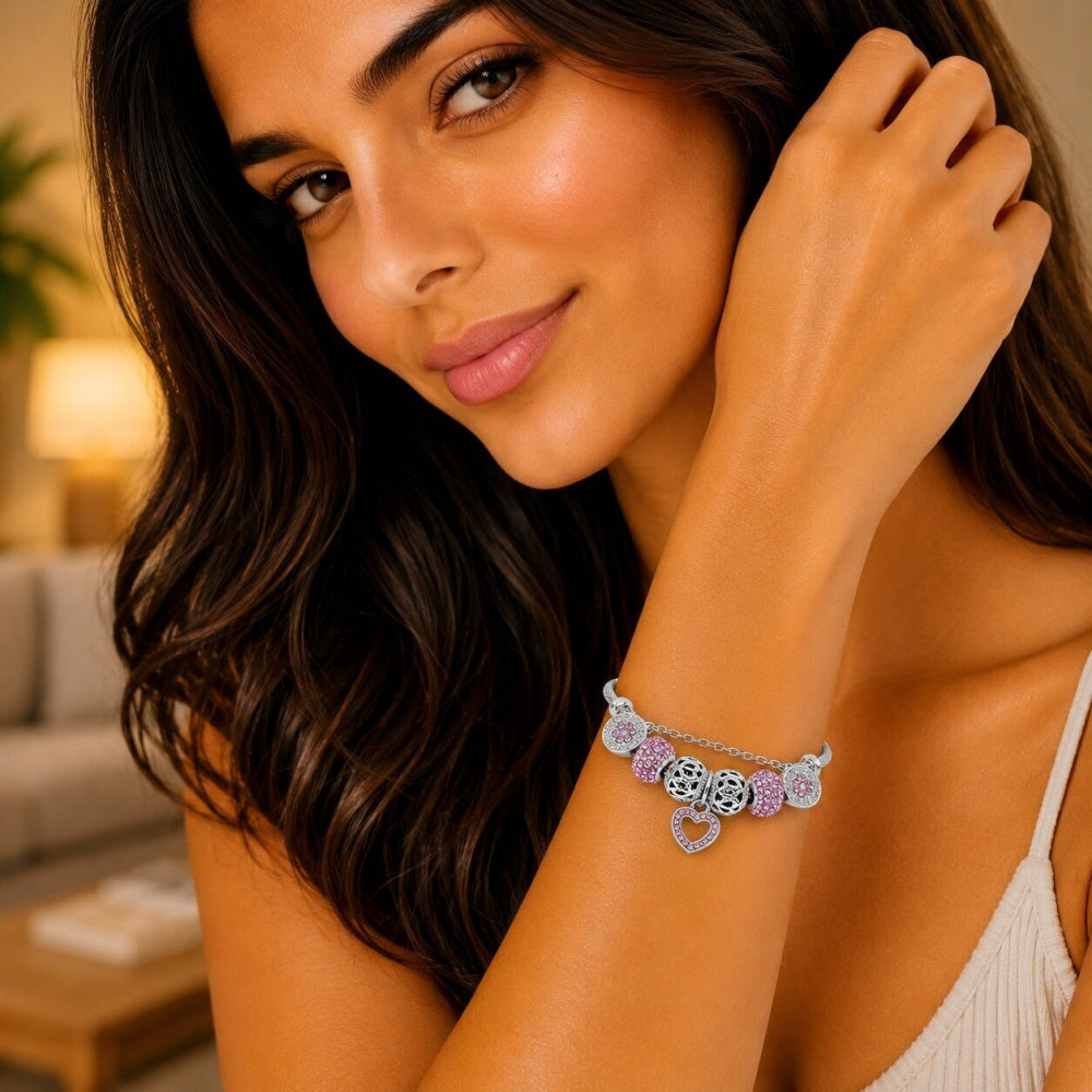 Stainless Steel Individual Bangle, Heart and Flower Design, with Crystal and Light Rose Crystal, Polished, Rhodium Finish
