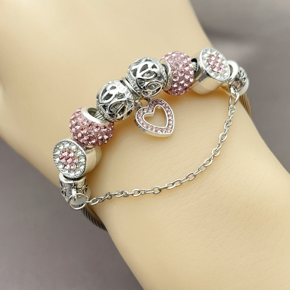 Stainless Steel Individual Bangle, Heart and Flower Design, with Crystal and Light Rose Crystal, Polished, Rhodium Finish