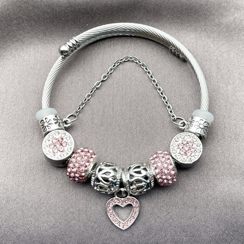 Stainless Steel Individual Bangle, Heart and Flower Design, with Crystal and Light Rose Crystal, Polished, Rhodium Finish