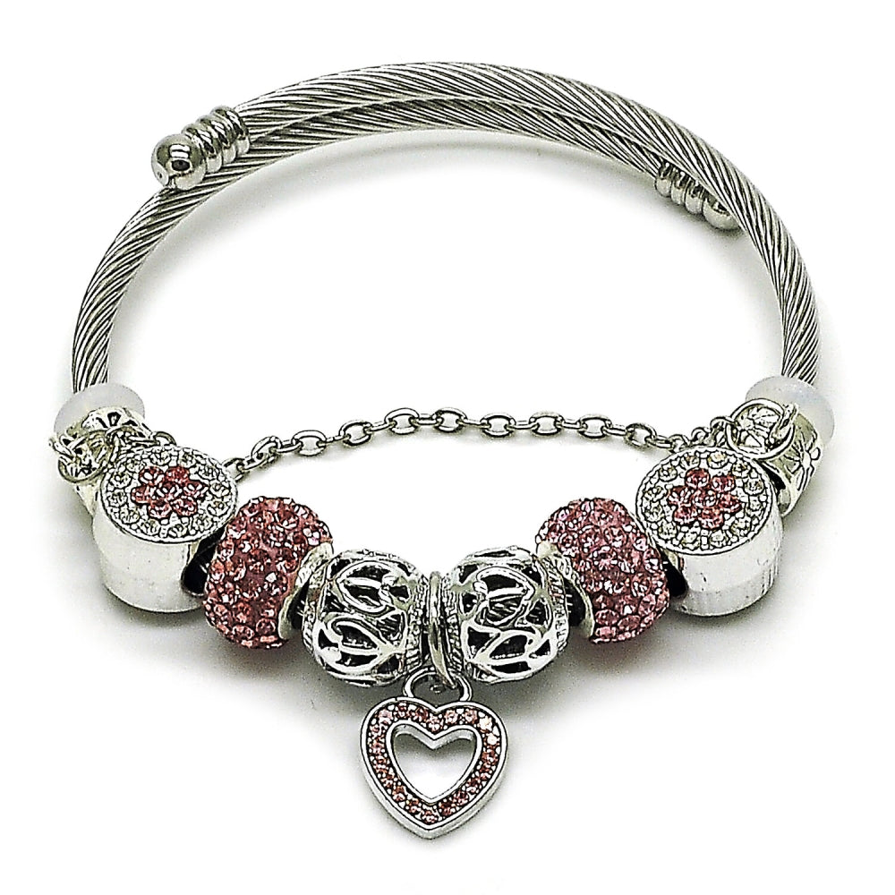 Stainless Steel Individual Bangle, Heart and Flower Design, with Crystal and Light Rose Crystal, Polished, Rhodium Finish