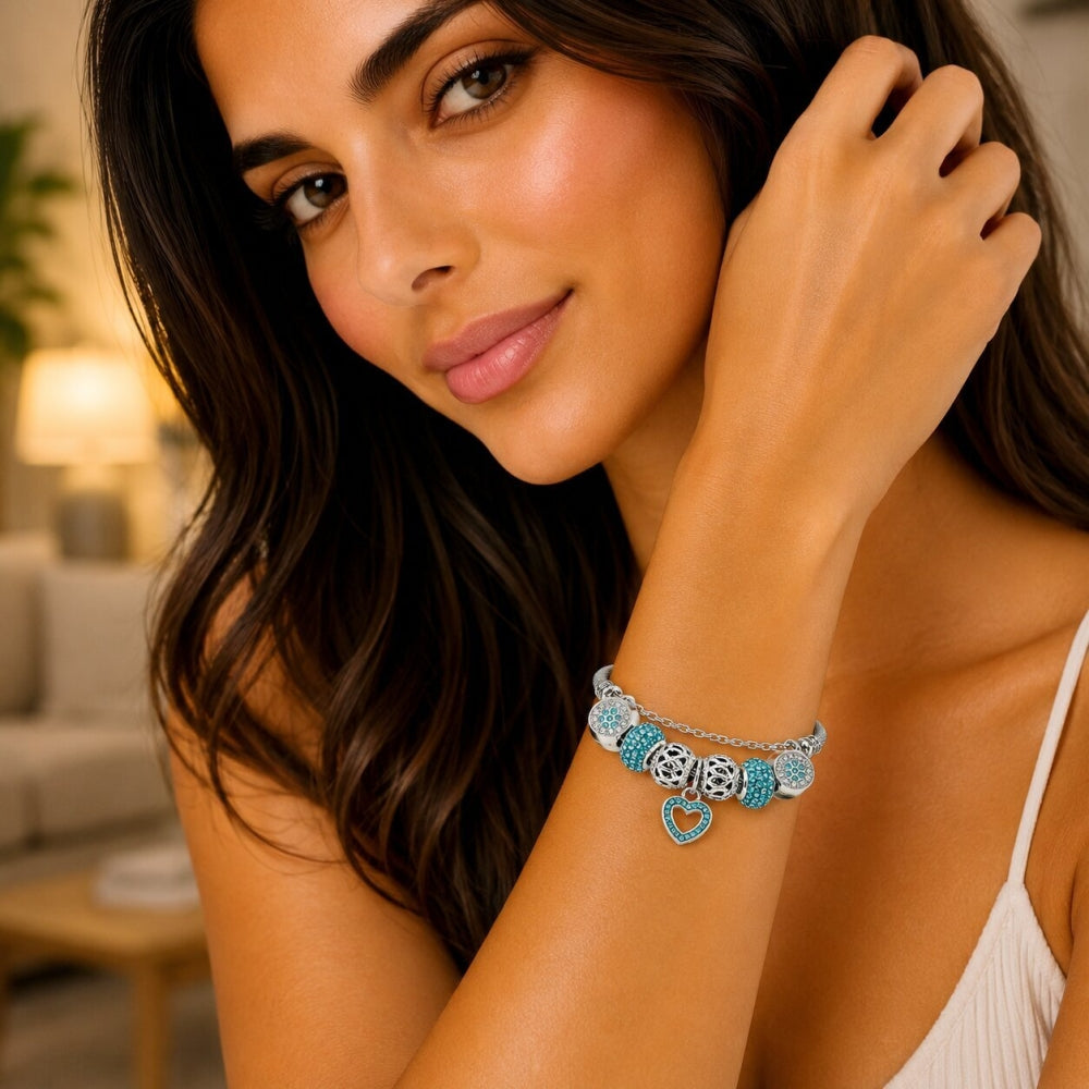 Stainless Steel Individual Bangle, Heart and Flower Design, with Crystal and Light Turquoise Crystal, Polished, Rhodium Finish