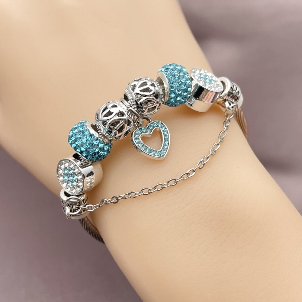 Stainless Steel Individual Bangle, Heart and Flower Design, with Crystal and Light Turquoise Crystal, Polished, Rhodium Finish