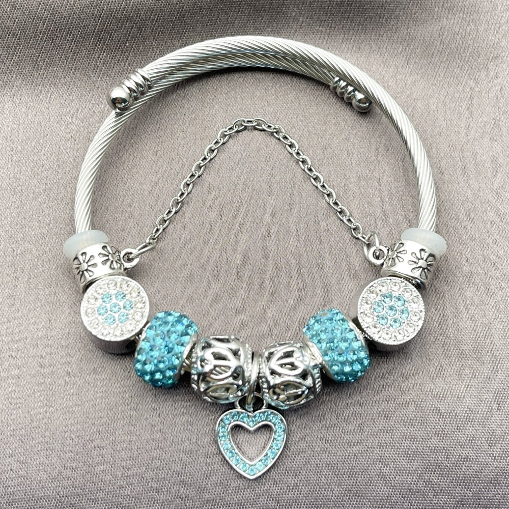 Stainless Steel Individual Bangle, Heart and Flower Design, with Crystal and Light Turquoise Crystal, Polished, Rhodium Finish