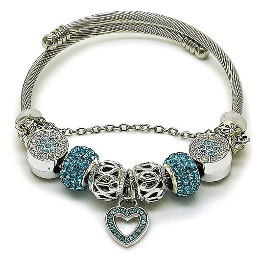Stainless Steel Individual Bangle, Heart and Flower Design, with Crystal and Light Turquoise Crystal, Polished, Rhodium Finish