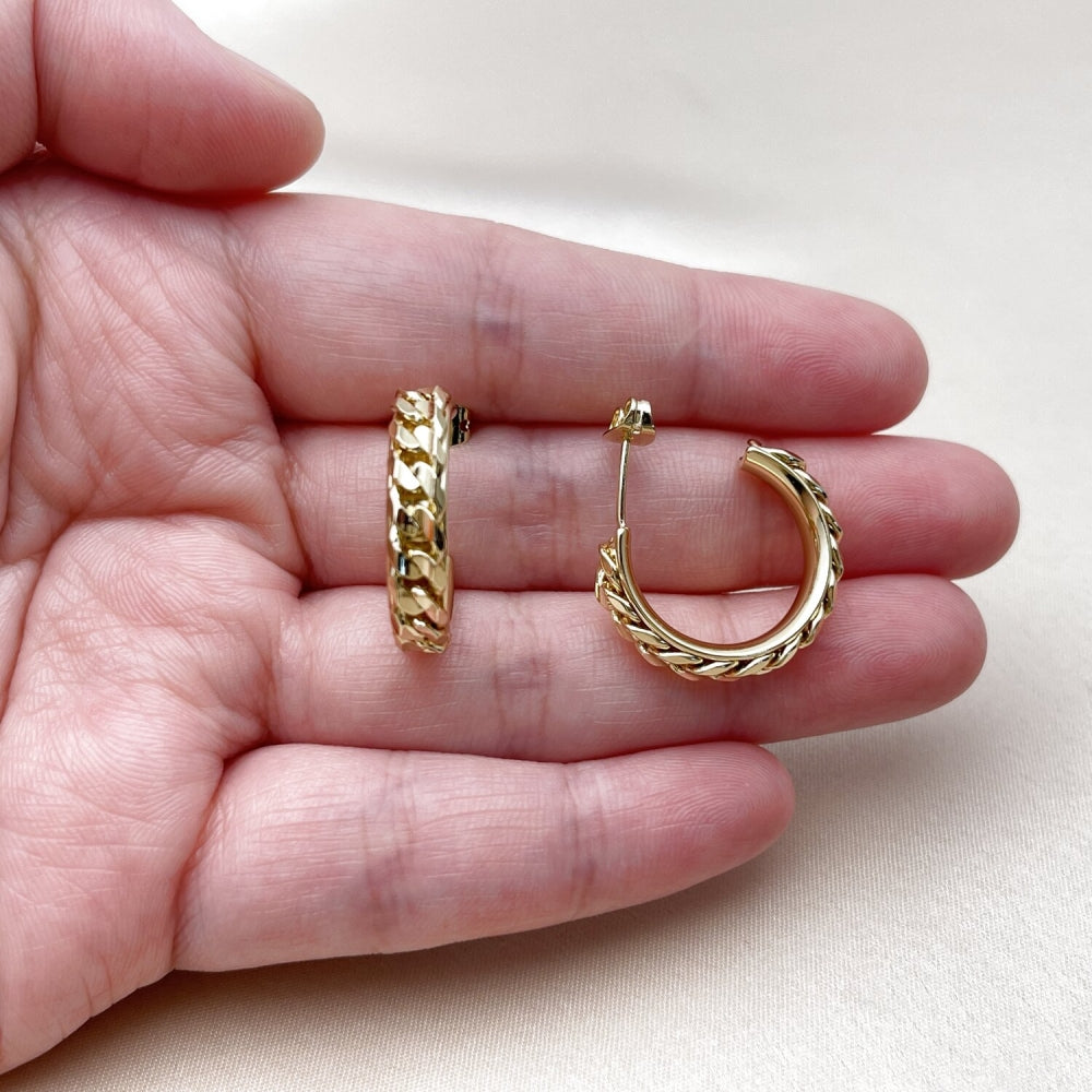 Oro Laminado Small Hoop, Gold Filled Style Miami Cuban Design, Diamond Cutting Finish, Golden Finish