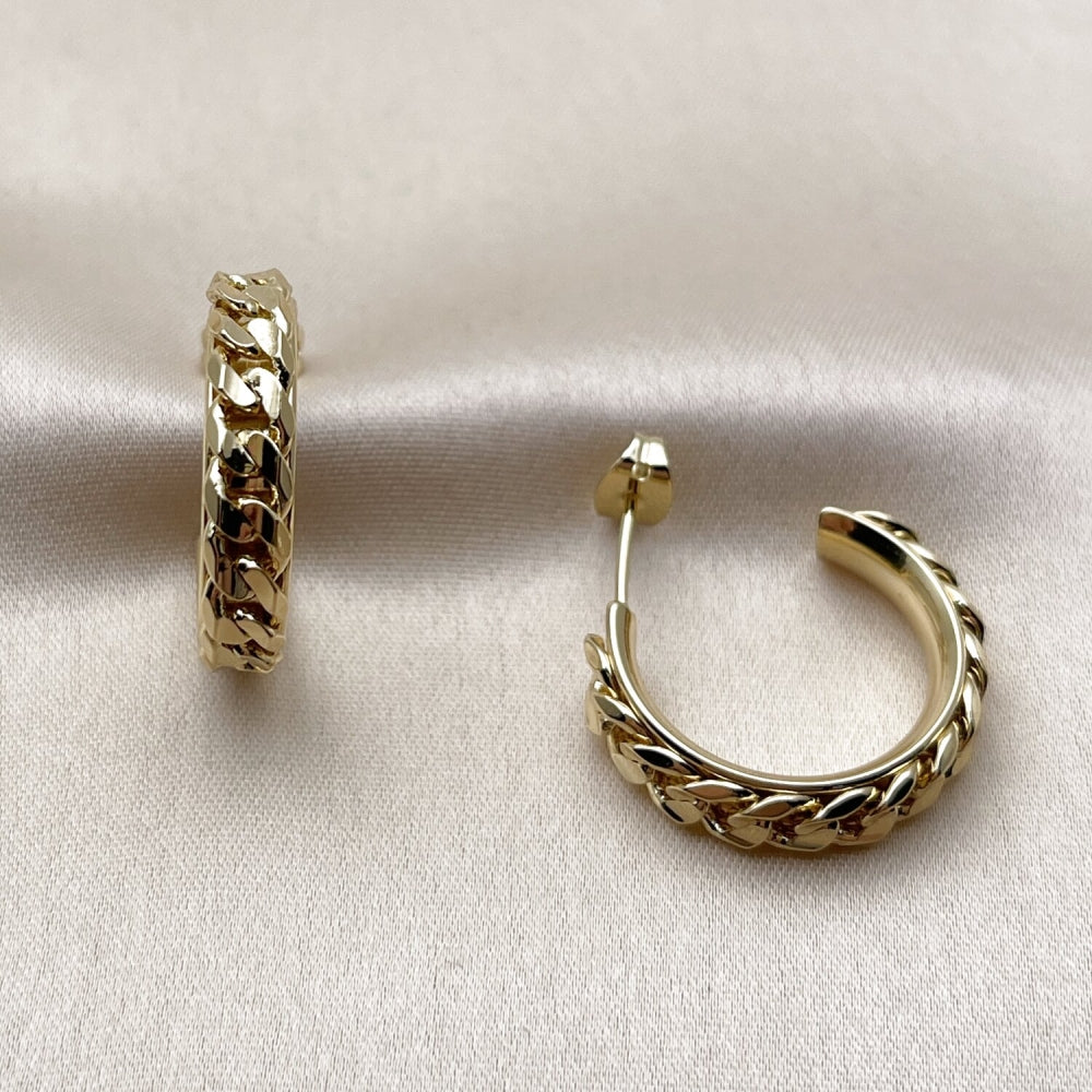 Oro Laminado Small Hoop, Gold Filled Style Miami Cuban Design, Diamond Cutting Finish, Golden Finish