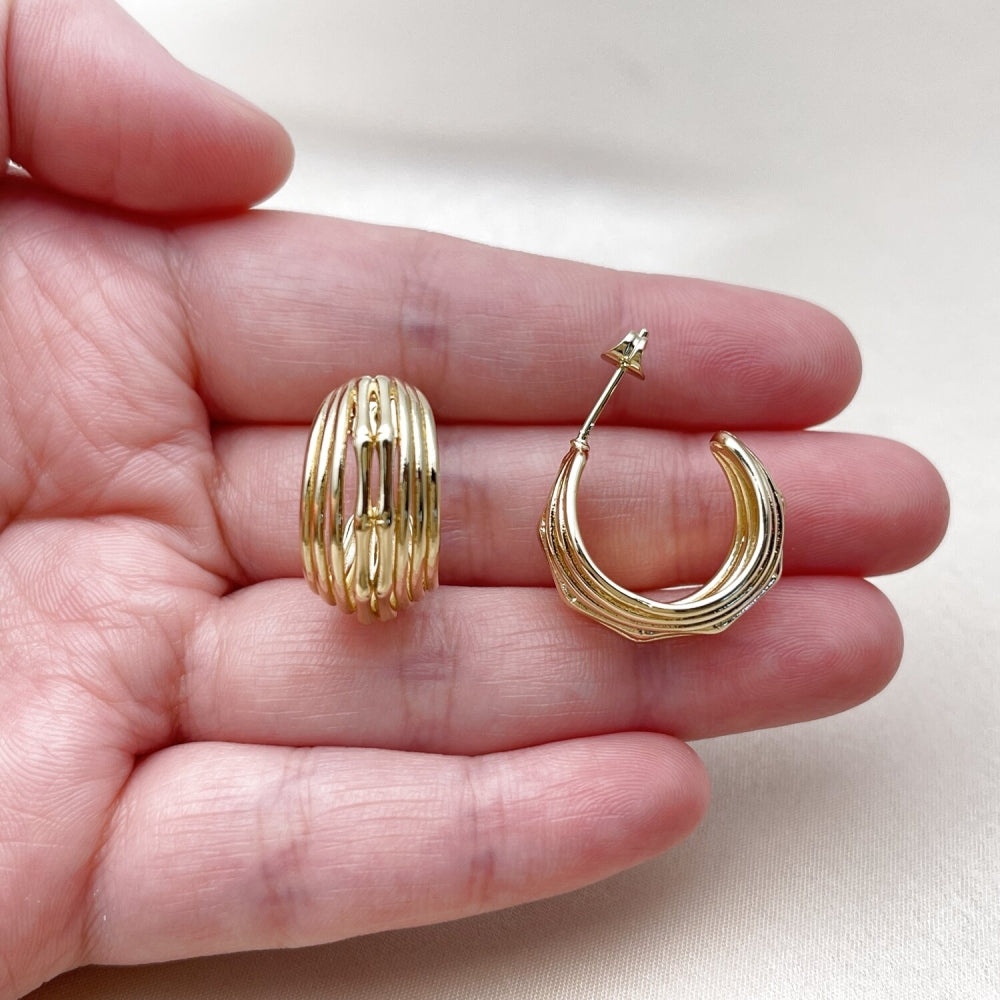Oro Laminado Small Hoop, Gold Filled Style Bamboo Design, Polished, Golden Finish