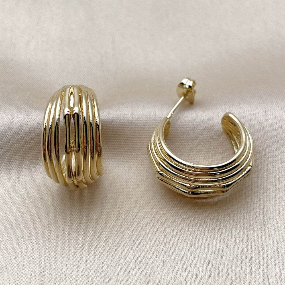 Oro Laminado Small Hoop, Gold Filled Style Bamboo Design, Polished, Golden Finish