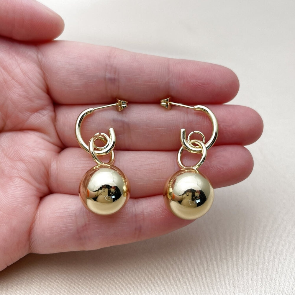 Oro Laminado Dangle Earring, Gold Filled Style Ball Design, Polished, Golden Finish