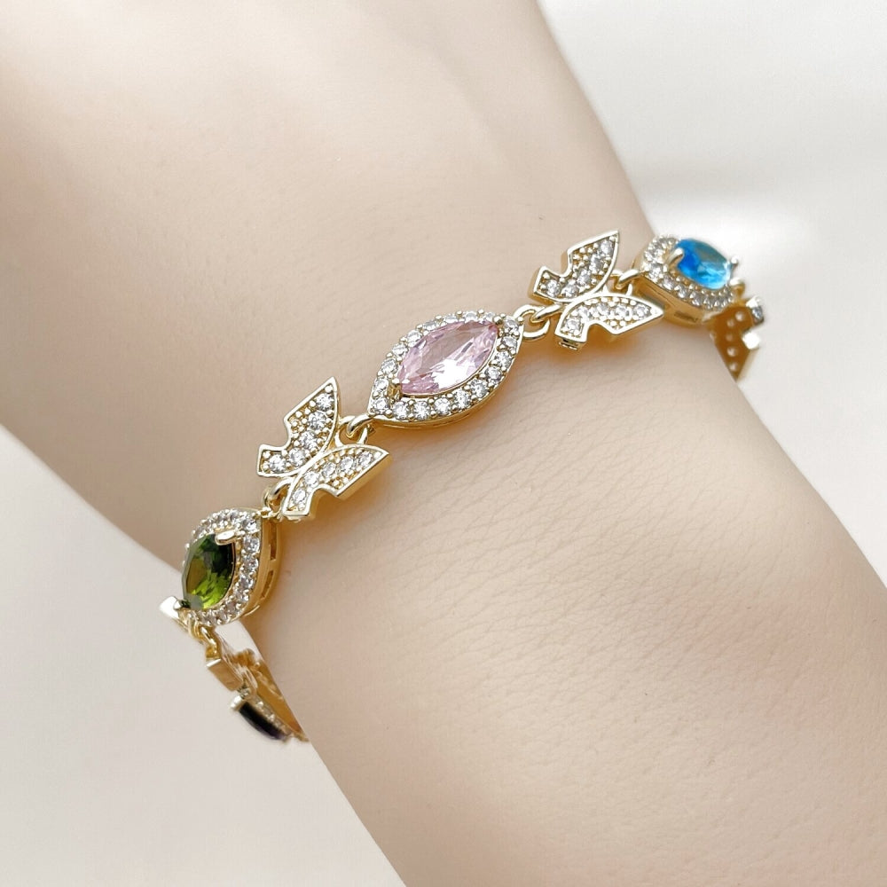 Oro Laminado Tennis Bracelet, Gold Filled Style Butterfly and Cluster Design, with Multicolor and White Cubic Zirconia, Polished, Golden Finish