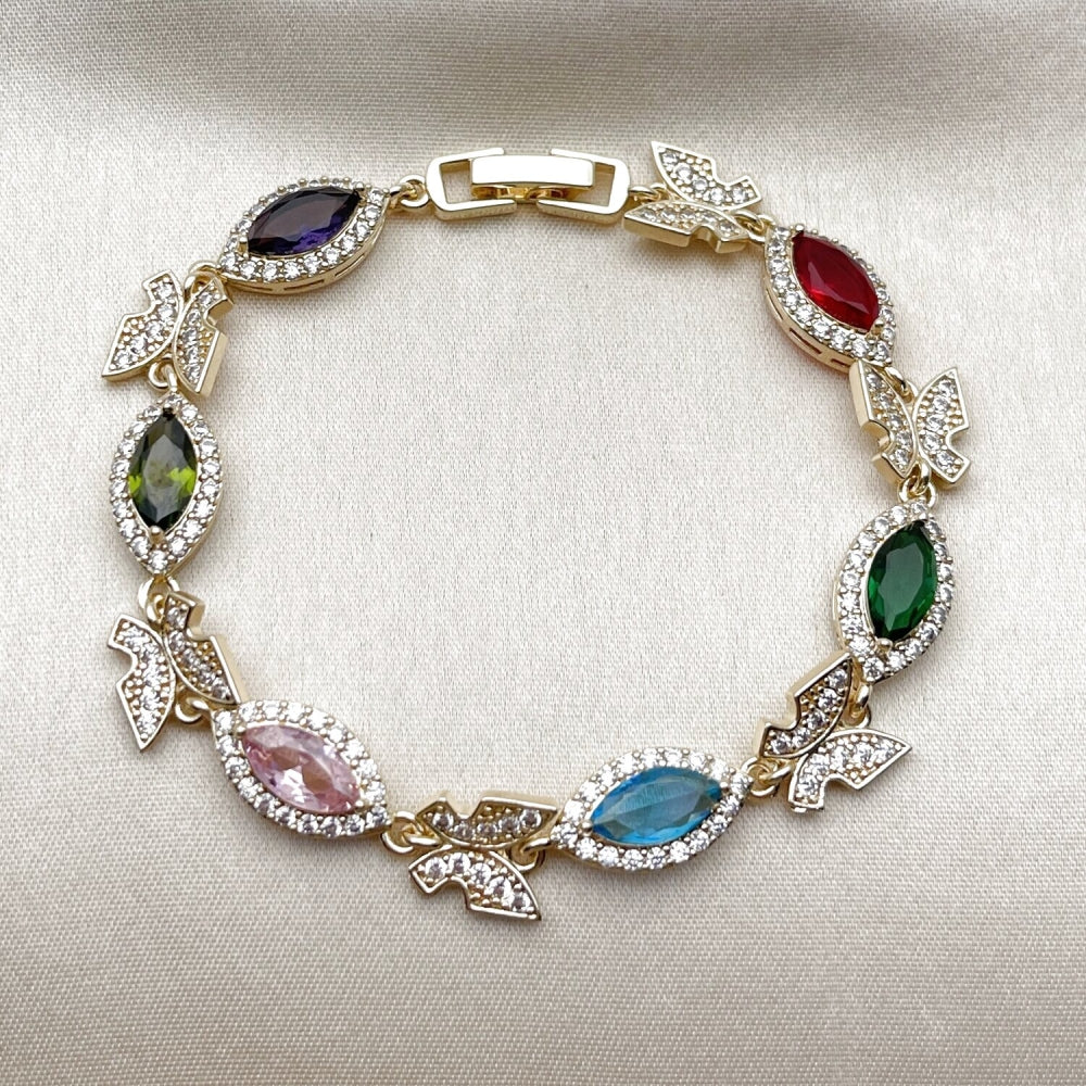 Oro Laminado Tennis Bracelet, Gold Filled Style Butterfly and Cluster Design, with Multicolor and White Cubic Zirconia, Polished, Golden Finish