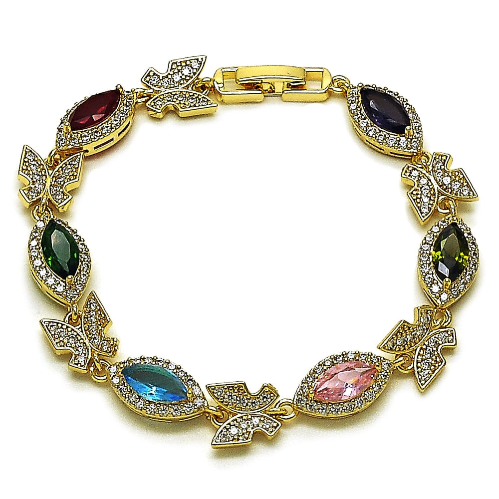 Oro Laminado Tennis Bracelet, Gold Filled Style Butterfly and Cluster Design, with Multicolor and White Cubic Zirconia, Polished, Golden Finish