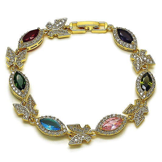 Oro Laminado Tennis Bracelet, Gold Filled Style Butterfly and Cluster Design, with Multicolor and White Cubic Zirconia, Polished, Golden Finish
