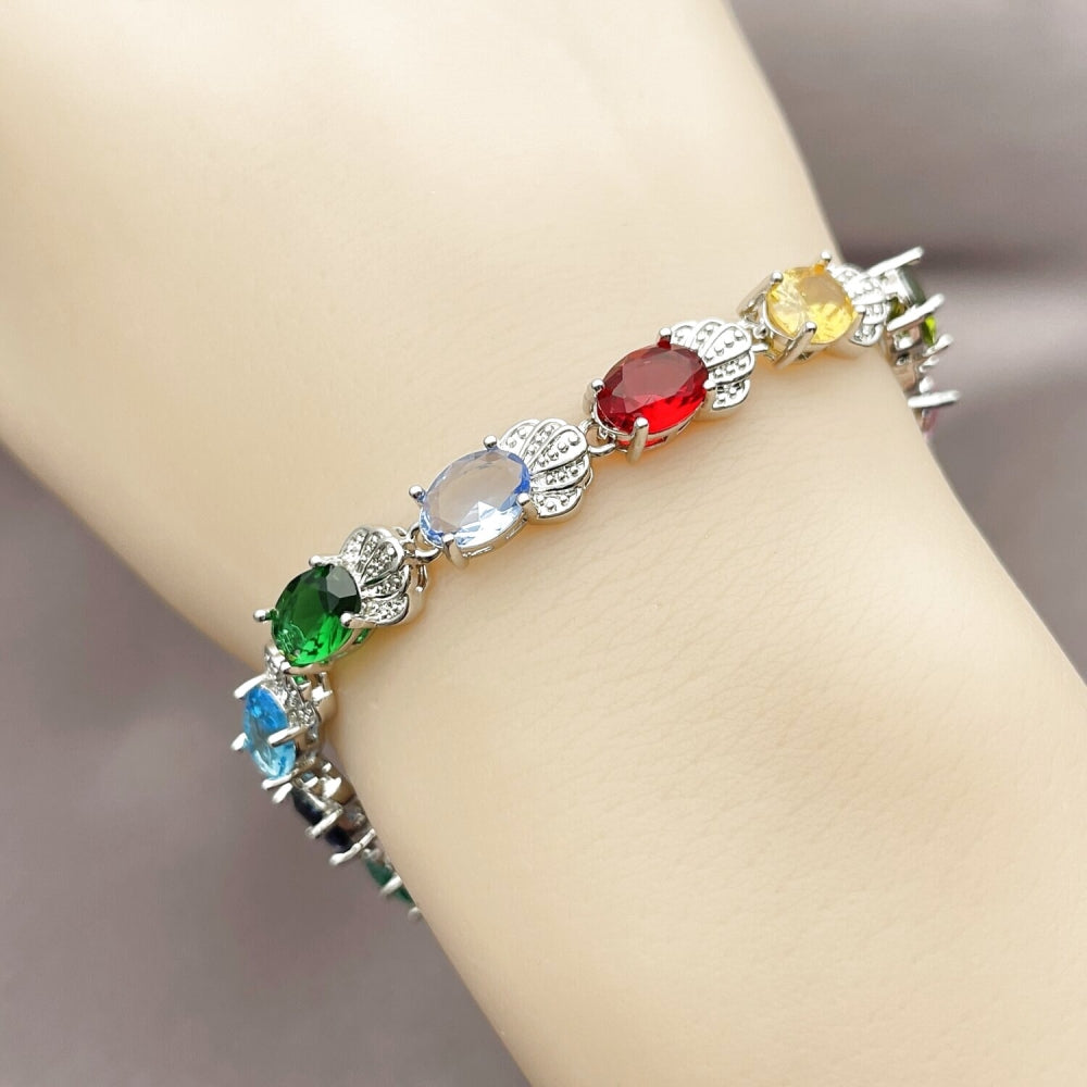 Rhodium Gold Filled Tennis Bracelet, Shell Design, with Multicolor Cubic Zirconia, Polished, Rhodium Finish