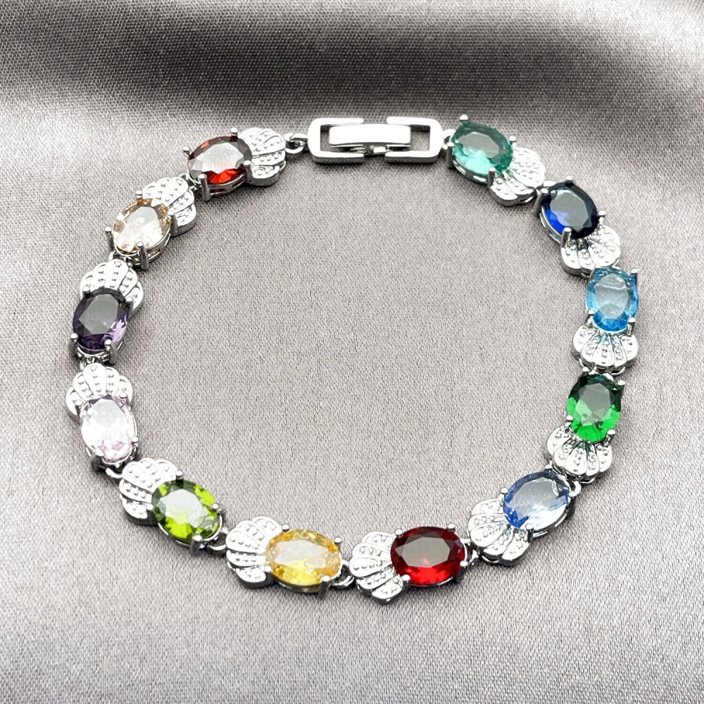 Rhodium Gold Filled Tennis Bracelet, Shell Design, with Multicolor Cubic Zirconia, Polished, Rhodium Finish