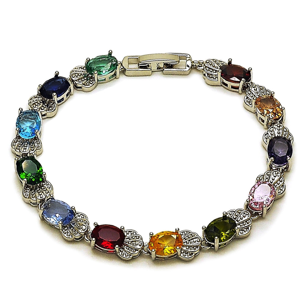Rhodium Gold Filled Tennis Bracelet, Shell Design, with Multicolor Cubic Zirconia, Polished, Rhodium Finish