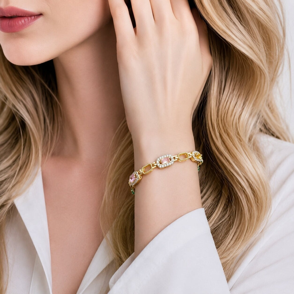 Oro Laminado Tennis Bracelet, Gold Filled Style Cluster Design, with Multicolor and White Cubic Zirconia, Polished, Golden Finish