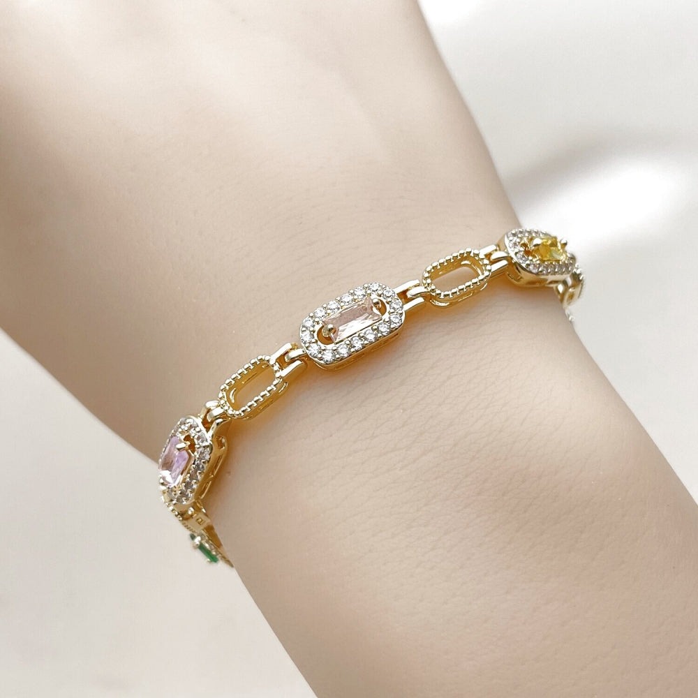 Oro Laminado Tennis Bracelet, Gold Filled Style Cluster Design, with Multicolor and White Cubic Zirconia, Polished, Golden Finish