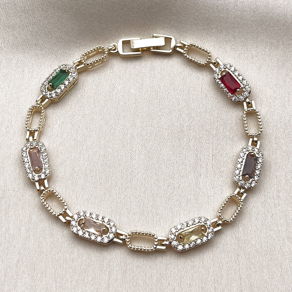 Oro Laminado Tennis Bracelet, Gold Filled Style Cluster Design, with Multicolor and White Cubic Zirconia, Polished, Golden Finish