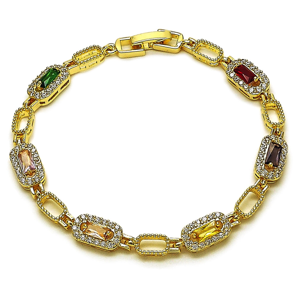 Oro Laminado Tennis Bracelet, Gold Filled Style Cluster Design, with Multicolor and White Cubic Zirconia, Polished, Golden Finish