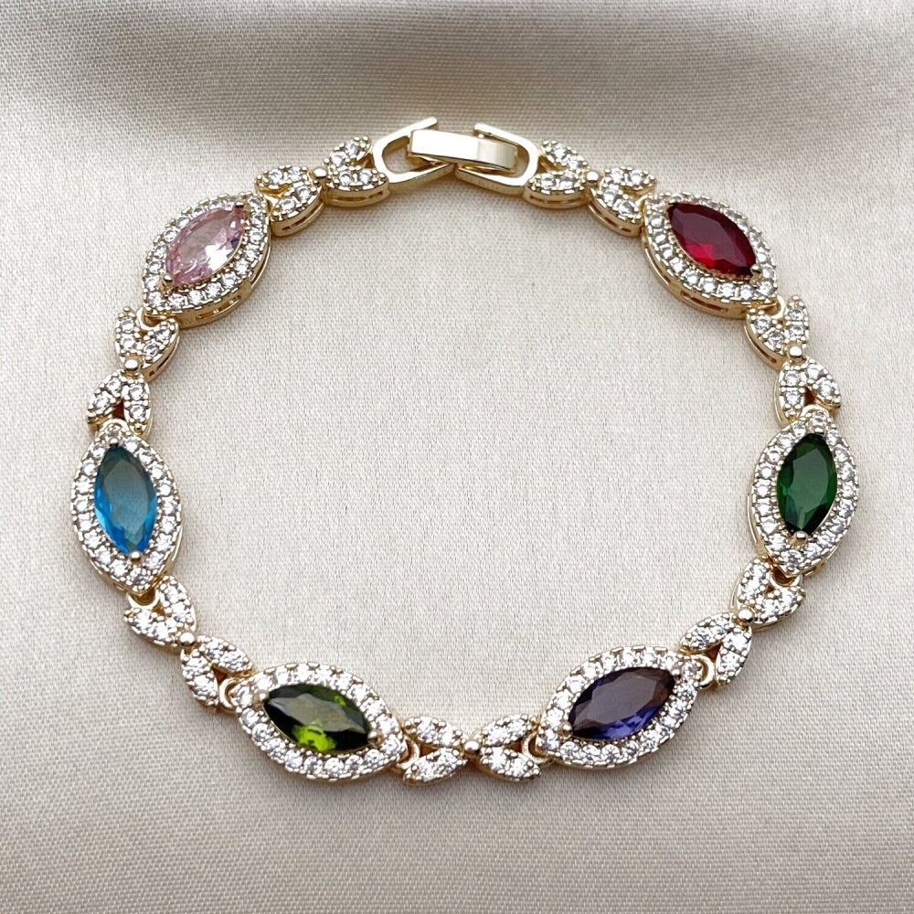 Oro Laminado Tennis Bracelet, Gold Filled Style Hugs and Kisses and Cluster Design, with Multicolor and White Cubic Zirconia, Polished, Golden Finish