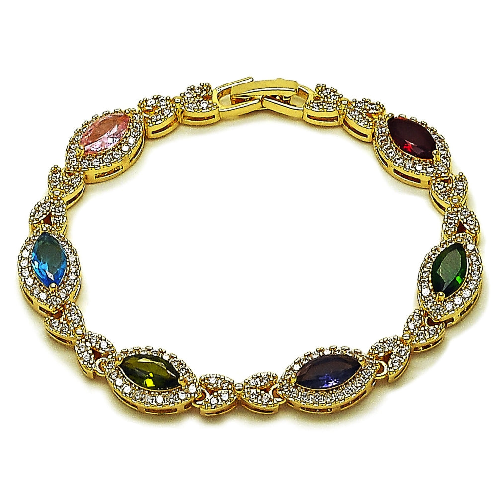 Oro Laminado Tennis Bracelet, Gold Filled Style Hugs and Kisses and Cluster Design, with Multicolor and White Cubic Zirconia, Polished, Golden Finish