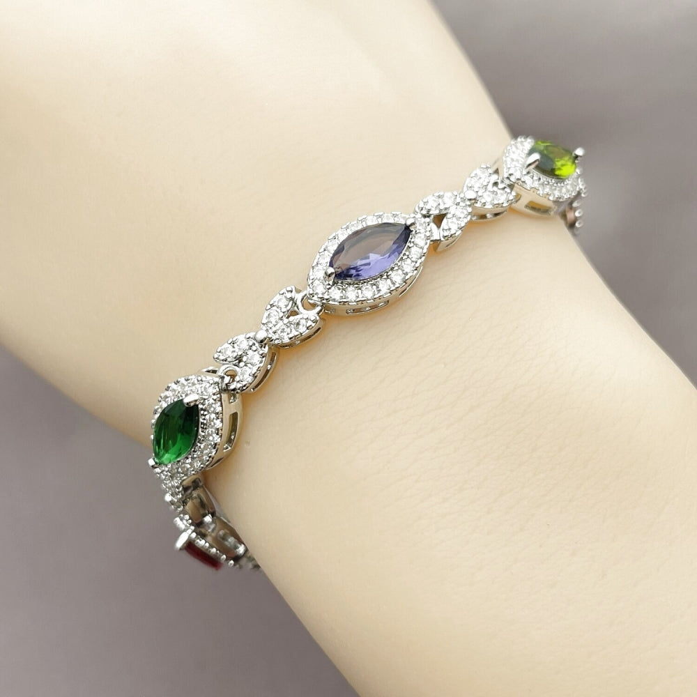 Rhodium Gold Filled Tennis Bracelet, Hugs and Kisses and Cluster Design, with Multicolor and White Cubic Zirconia, Polished, Rhodium Finish