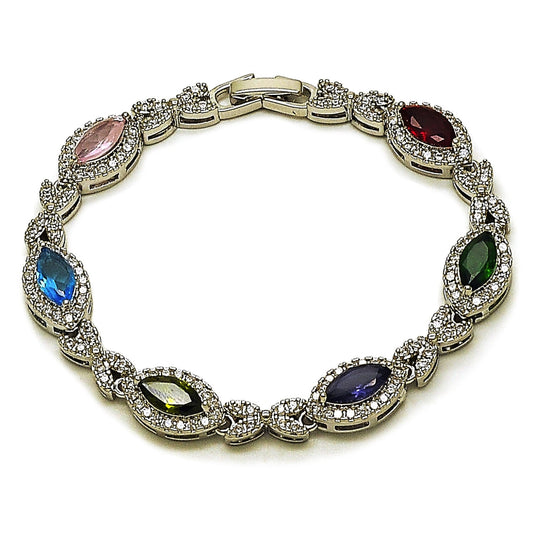 Rhodium Gold Filled Tennis Bracelet, Hugs and Kisses and Cluster Design, with Multicolor and White Cubic Zirconia, Polished, Rhodium Finish