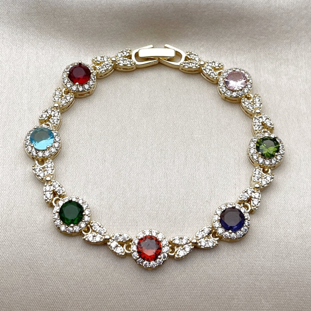 Oro Laminado Tennis Bracelet, Gold Filled Style Cluster and Hugs and Kisses Design, with Multicolor and White Cubic Zirconia, Polished, Golden Finish