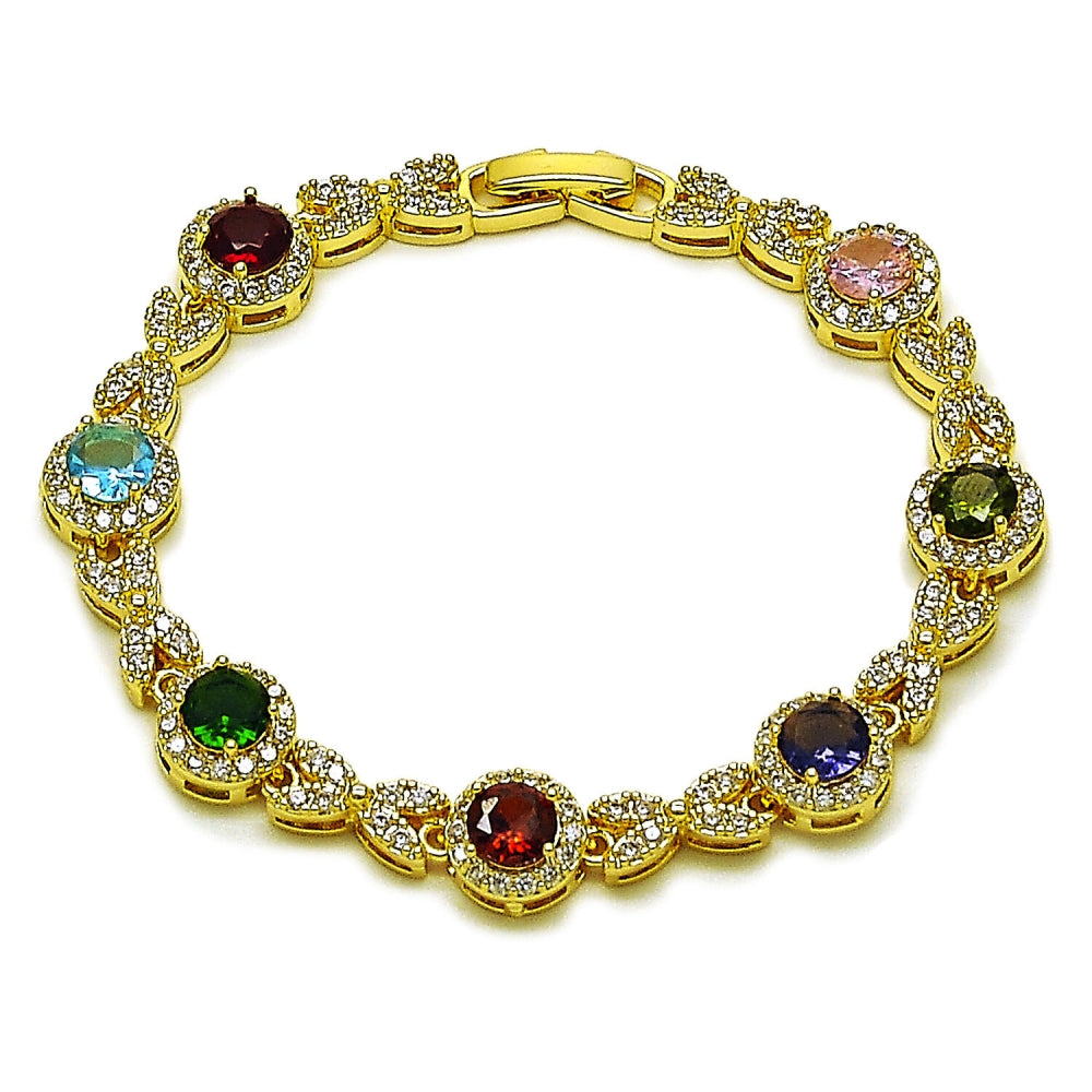 Oro Laminado Tennis Bracelet, Gold Filled Style Cluster and Hugs and Kisses Design, with Multicolor and White Cubic Zirconia, Polished, Golden Finish
