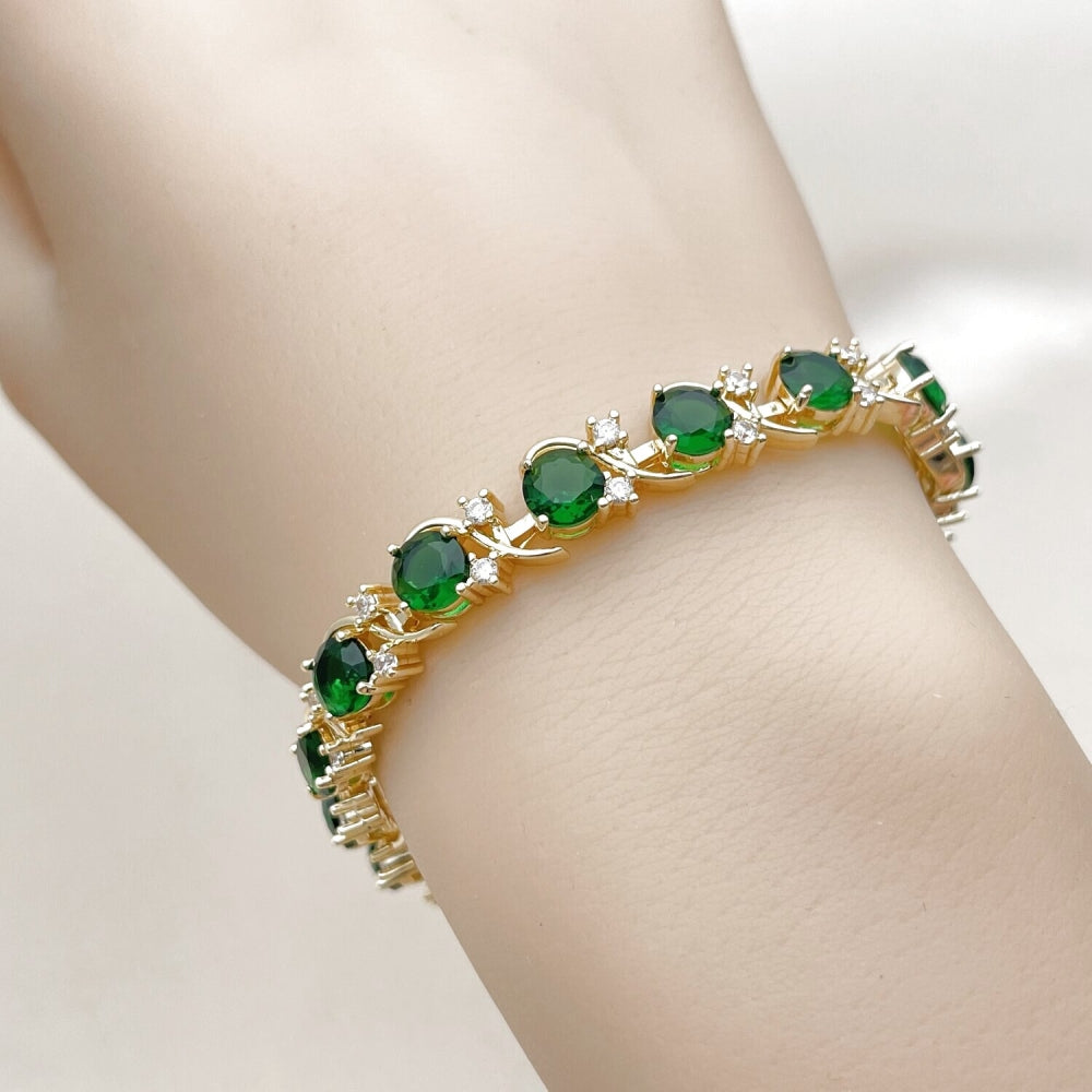 Oro Laminado Tennis Bracelet, Gold Filled Style with Green and White Cubic Zirconia, Polished, Golden Finish