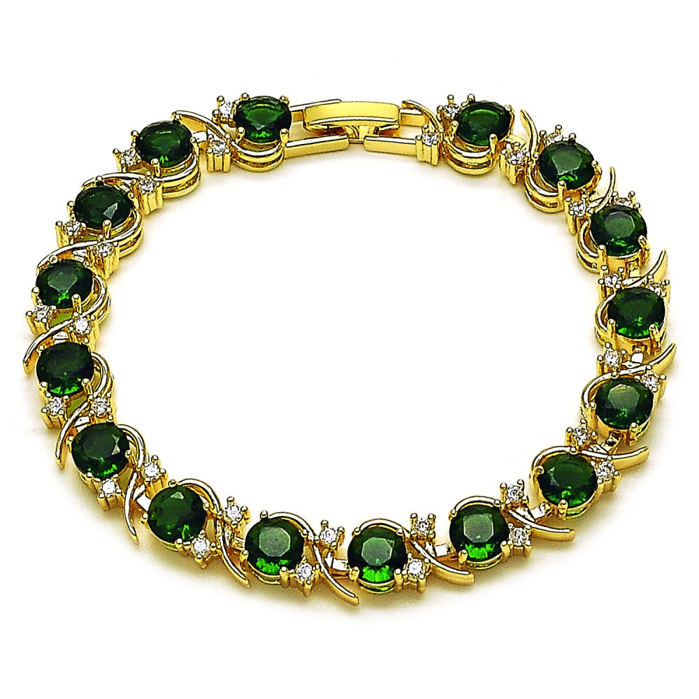 Oro Laminado Tennis Bracelet, Gold Filled Style with Green and White Cubic Zirconia, Polished, Golden Finish