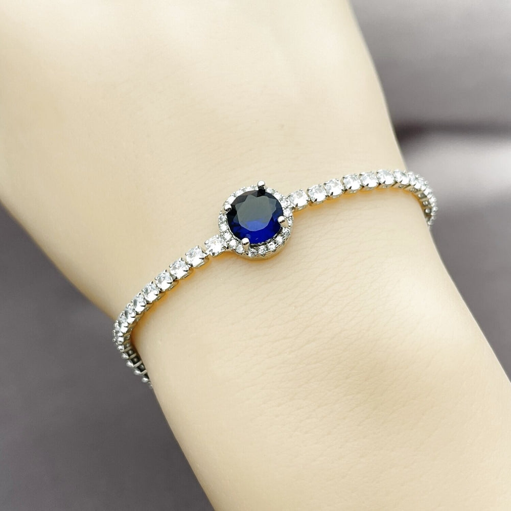 Rhodium Gold Filled Fancy Bracelet, Cluster Design, with Sapphire Blue and White Cubic Zirconia, Polished, Rhodium Finish