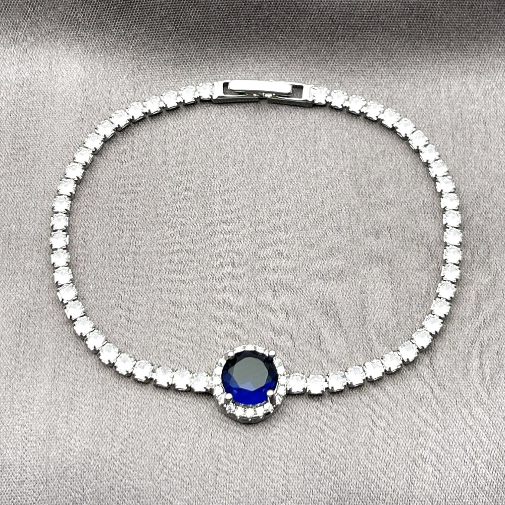 Rhodium Gold Filled Fancy Bracelet, Cluster Design, with Sapphire Blue and White Cubic Zirconia, Polished, Rhodium Finish