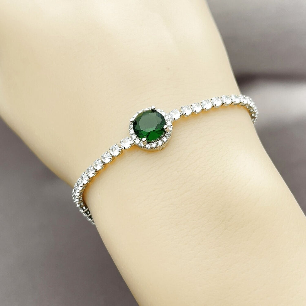 Rhodium Gold Filled Fancy Bracelet, Cluster Design, with Green and White Cubic Zirconia, Polished, Rhodium Finish