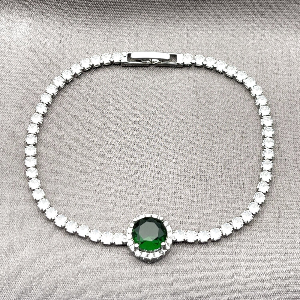 Rhodium Gold Filled Fancy Bracelet, Cluster Design, with Green and White Cubic Zirconia, Polished, Rhodium Finish