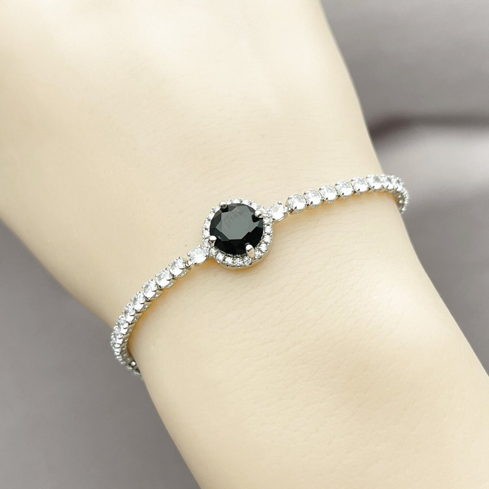 Rhodium Gold Filled Fancy Bracelet, Cluster Design, with Black and White Cubic Zirconia, Polished, Rhodium Finish