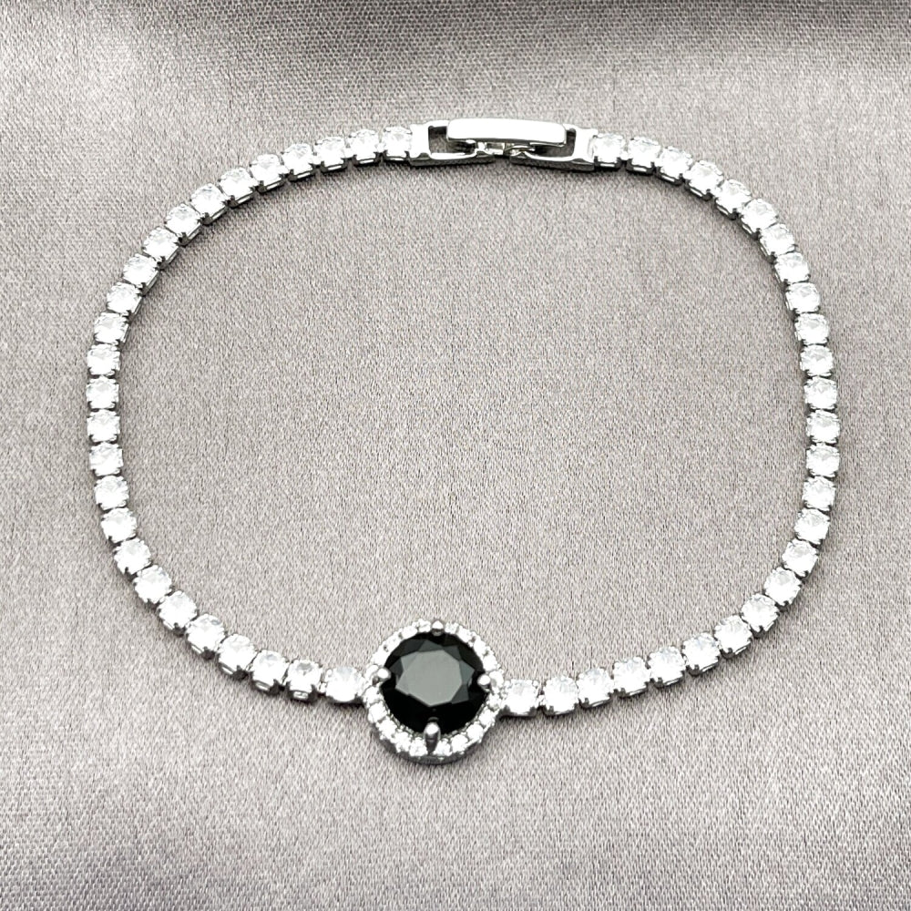 Rhodium Gold Filled Fancy Bracelet, Cluster Design, with Black and White Cubic Zirconia, Polished, Rhodium Finish