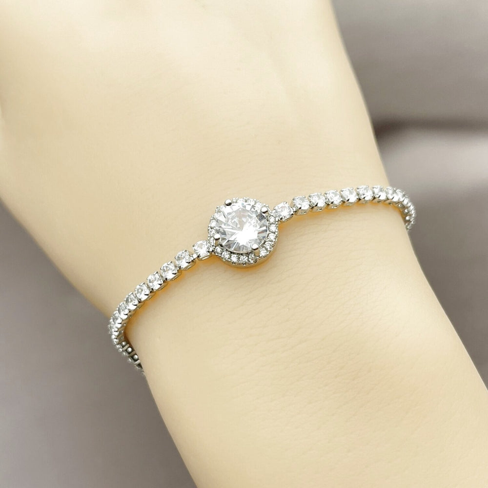 Rhodium Gold Filled Fancy Bracelet, Cluster Design, with White Cubic Zirconia, Polished, Rhodium Finish
