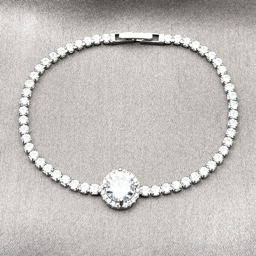 Rhodium Gold Filled Fancy Bracelet, Cluster Design, with White Cubic Zirconia, Polished, Rhodium Finish