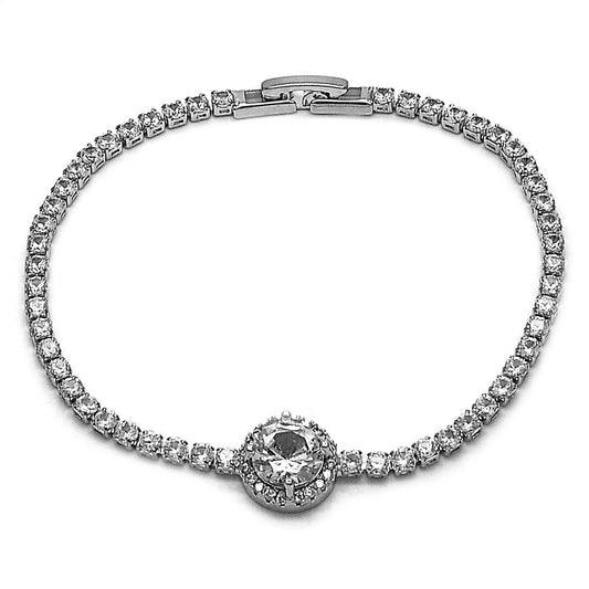Rhodium Gold Filled Fancy Bracelet, Cluster Design, with White Cubic Zirconia, Polished, Rhodium Finish