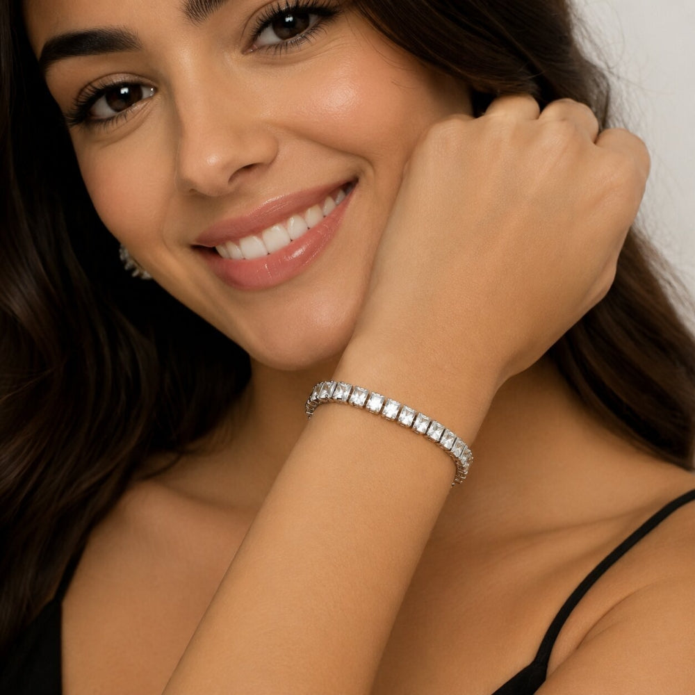 Rhodium Gold Filled Tennis Bracelet, Cluster Design, with White Cubic Zirconia, Polished, Rhodium Finish
