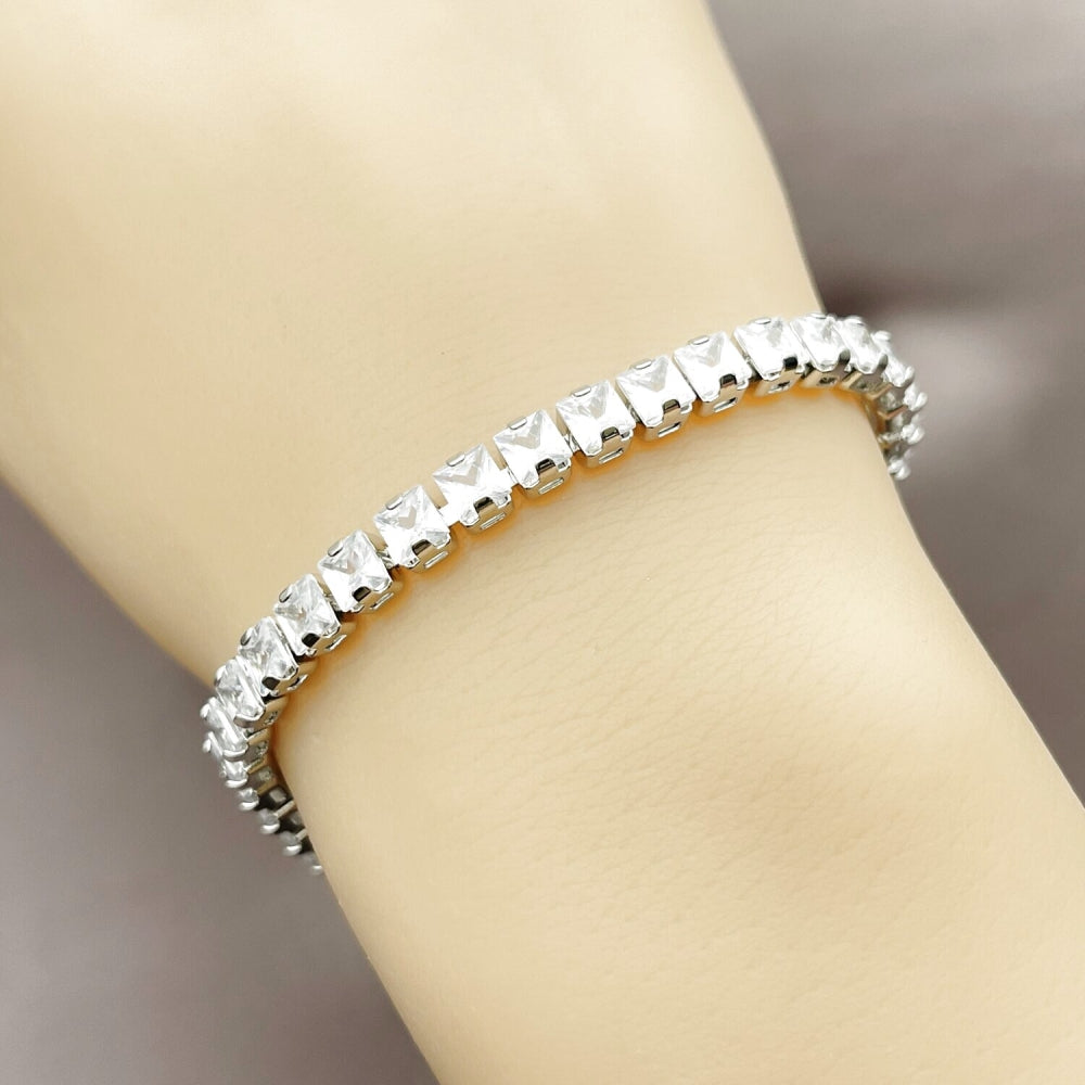 Rhodium Gold Filled Tennis Bracelet, Cluster Design, with White Cubic Zirconia, Polished, Rhodium Finish