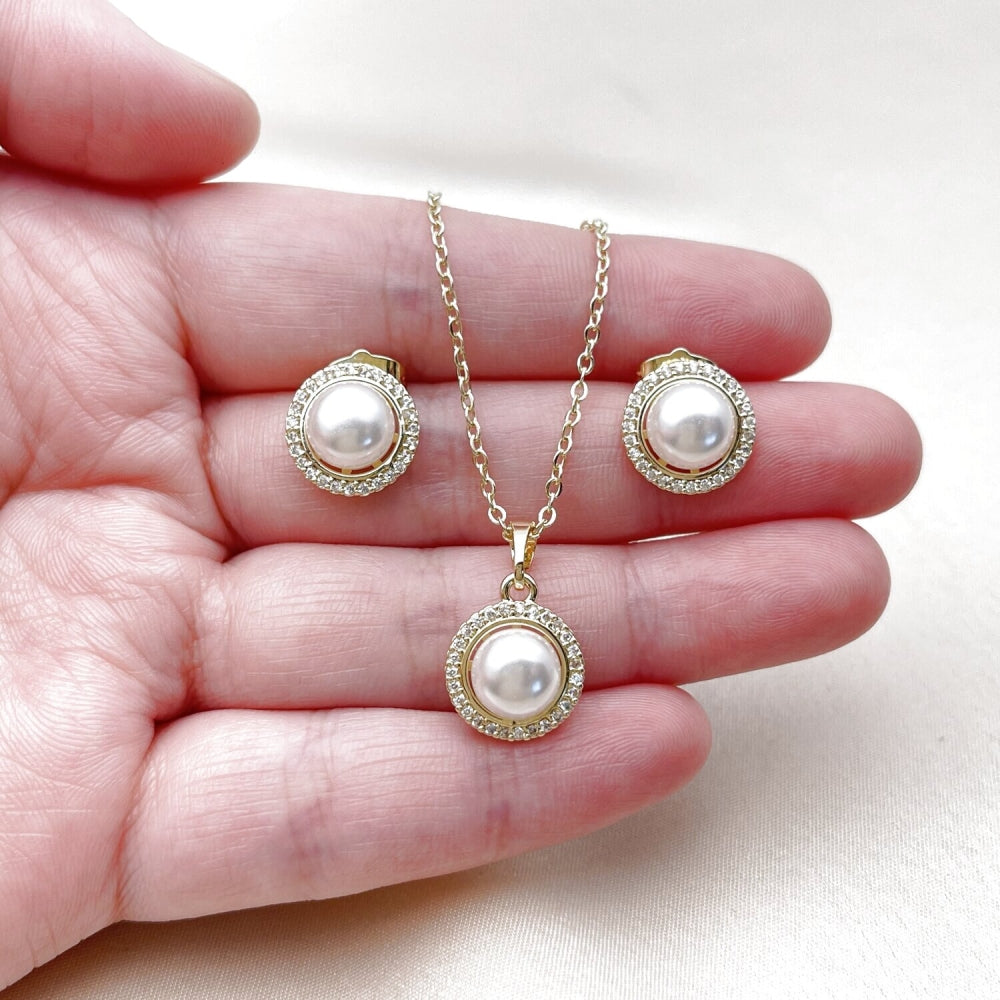 Oro Laminado Earring and Pendant Adult Set, Gold Filled Style Cluster Design, with Ivory Pearl and White Micro Pave, Polished, Golden Finish