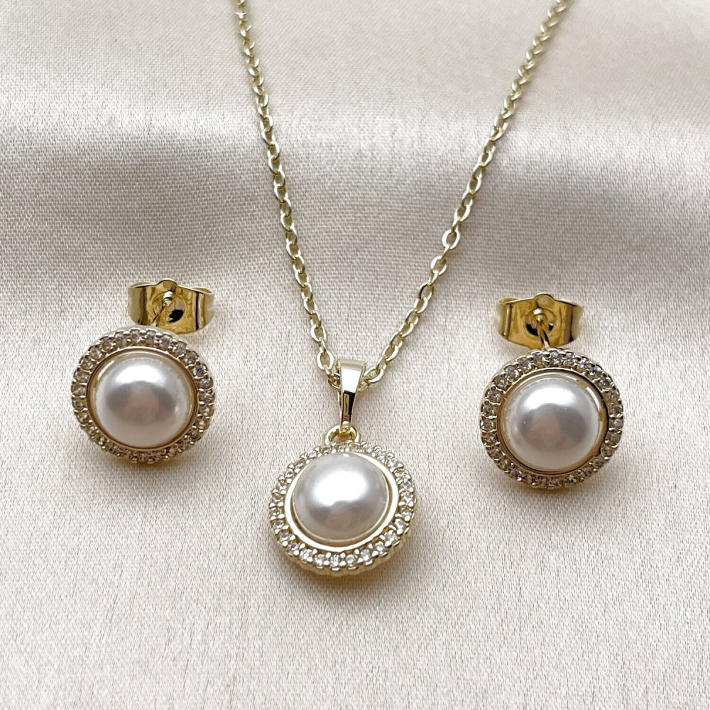 Oro Laminado Earring and Pendant Adult Set, Gold Filled Style Cluster Design, with Ivory Pearl and White Micro Pave, Polished, Golden Finish