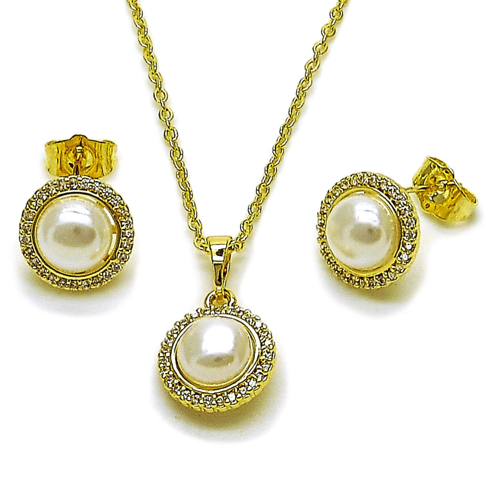 Oro Laminado Earring and Pendant Adult Set, Gold Filled Style Cluster Design, with Ivory Pearl and White Micro Pave, Polished, Golden Finish