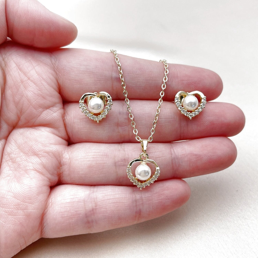 Oro Laminado Earring and Pendant Adult Set, Gold Filled Style Heart and Cluster Design, with Ivory Pearl and White Cubic Zirconia, Polished, Golden Finish